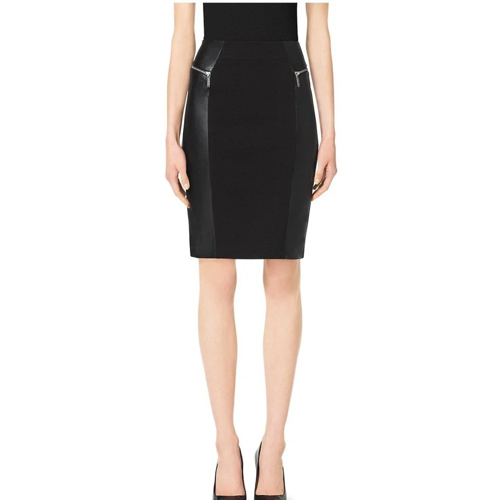 Michael Kors Black Stretch Pencil Skirt Faux Leather‎ Panel Size 8 Womens